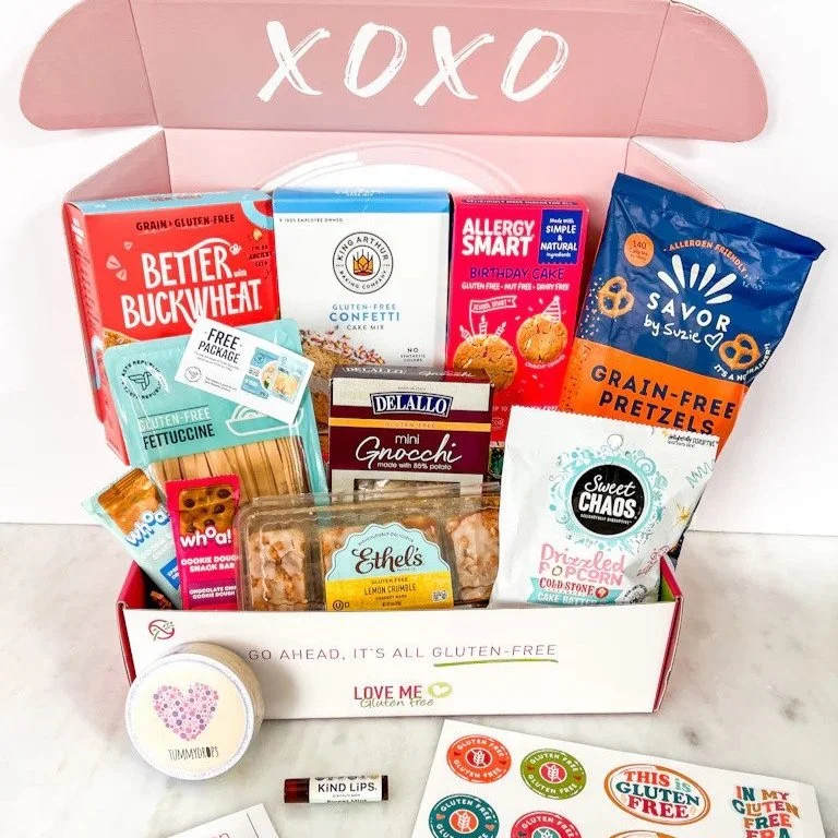 Love Me Gluten Free subscription box filled with gluten-free products