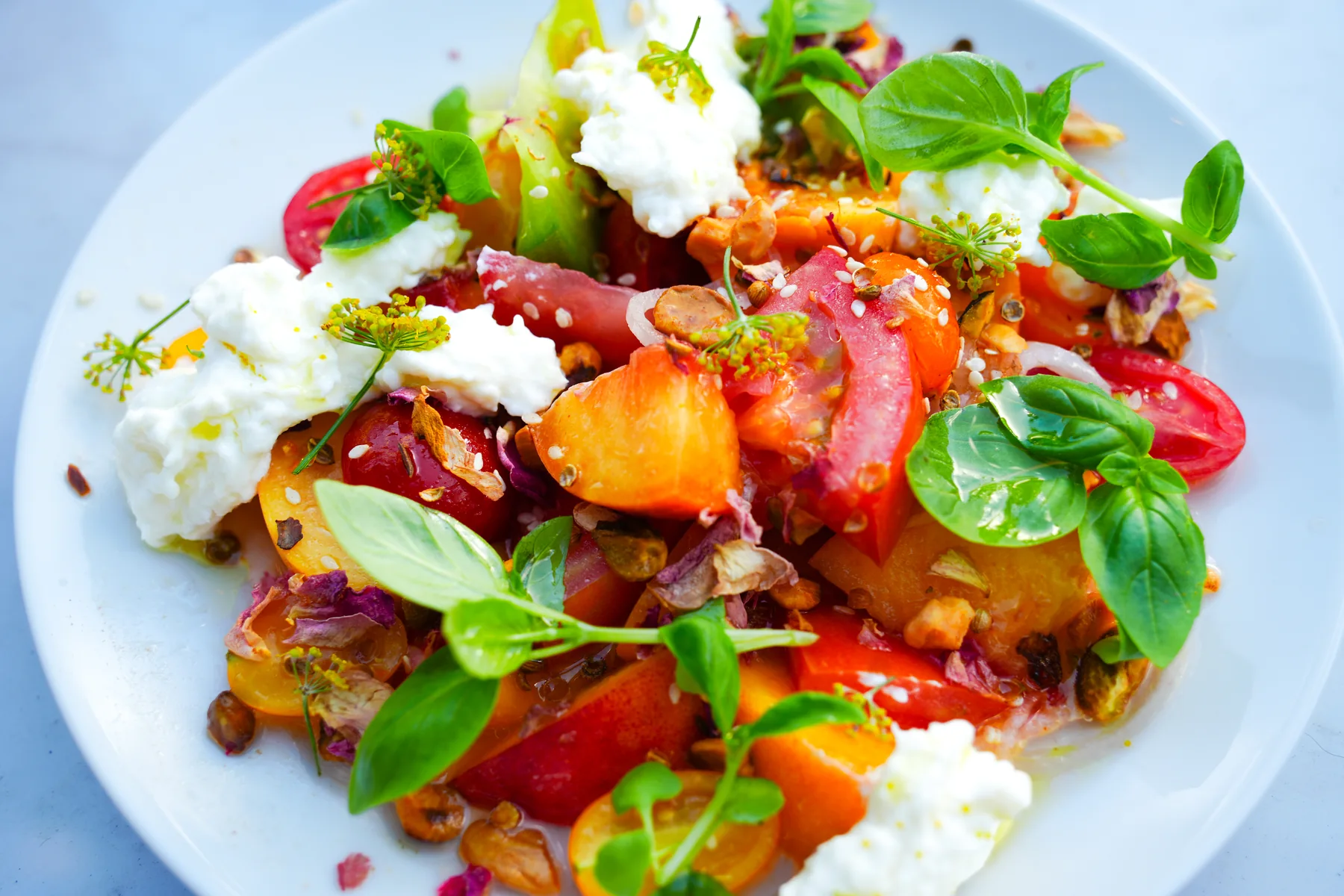 Colorful tomatoes, herbs and cheese arranged on a salad plate